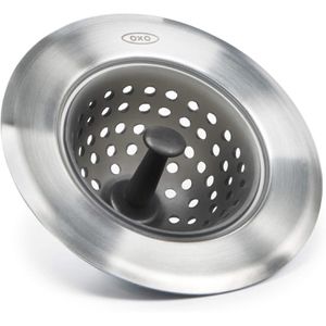 OXO Abflusssieb aus Silikon und Edelstahl, Ø 11 cm, für Spüle, verchromt-schwarz