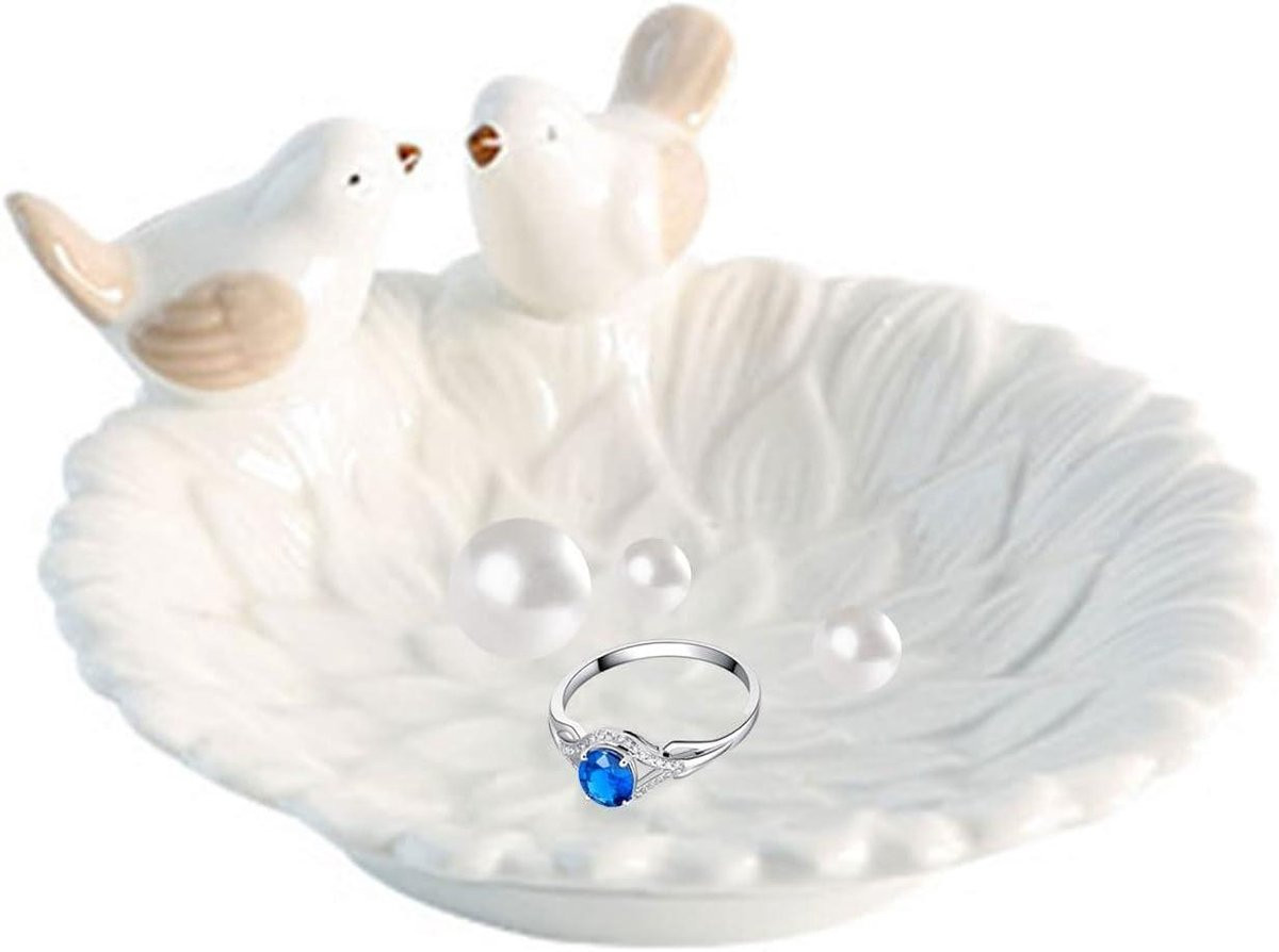 Wit Keramische Sieradenhouder met Vogeldecoratie - Schotel voor Sieraden en Sleutels - 7 x 5,5 cm