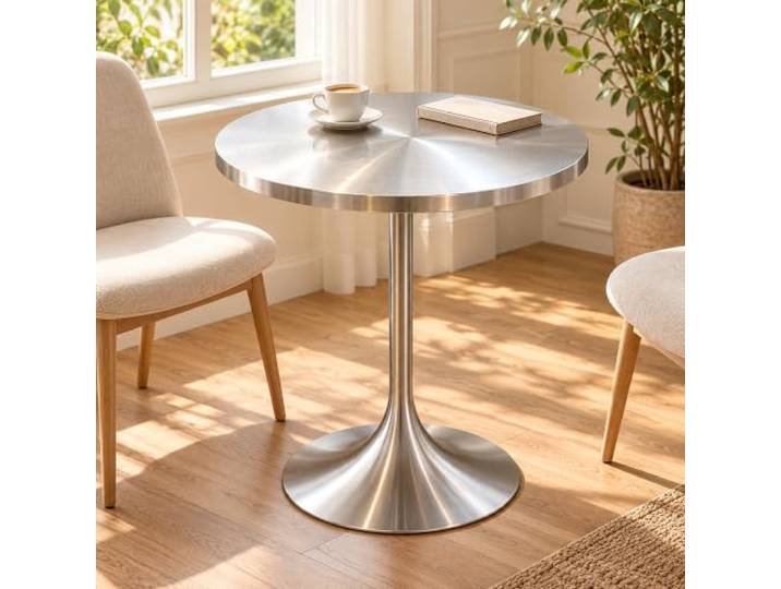 Runder Bistrotisch aus Edelstahl, Mittelfuß, 5 Größen Silberne gebürstete Oberfläche mit runder Platte und ausgestelltem Fuß(19.6x19.6x29.5in)