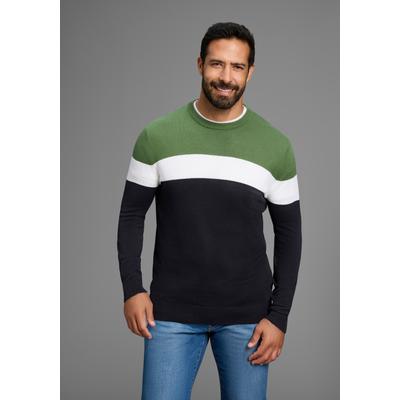 Rundhalspullover H.I.S "neue Farben", Herren, Gr. 3XL (64/66), grün (grün gestreif), Feinstrick, Obermaterial: 50% Baumwolle, 50% Polyacryl, regular fit, Rundhals, Rippstrickbündchen, Pullover Rundhalspullover, Colorblocking, in leichter Strickqualität