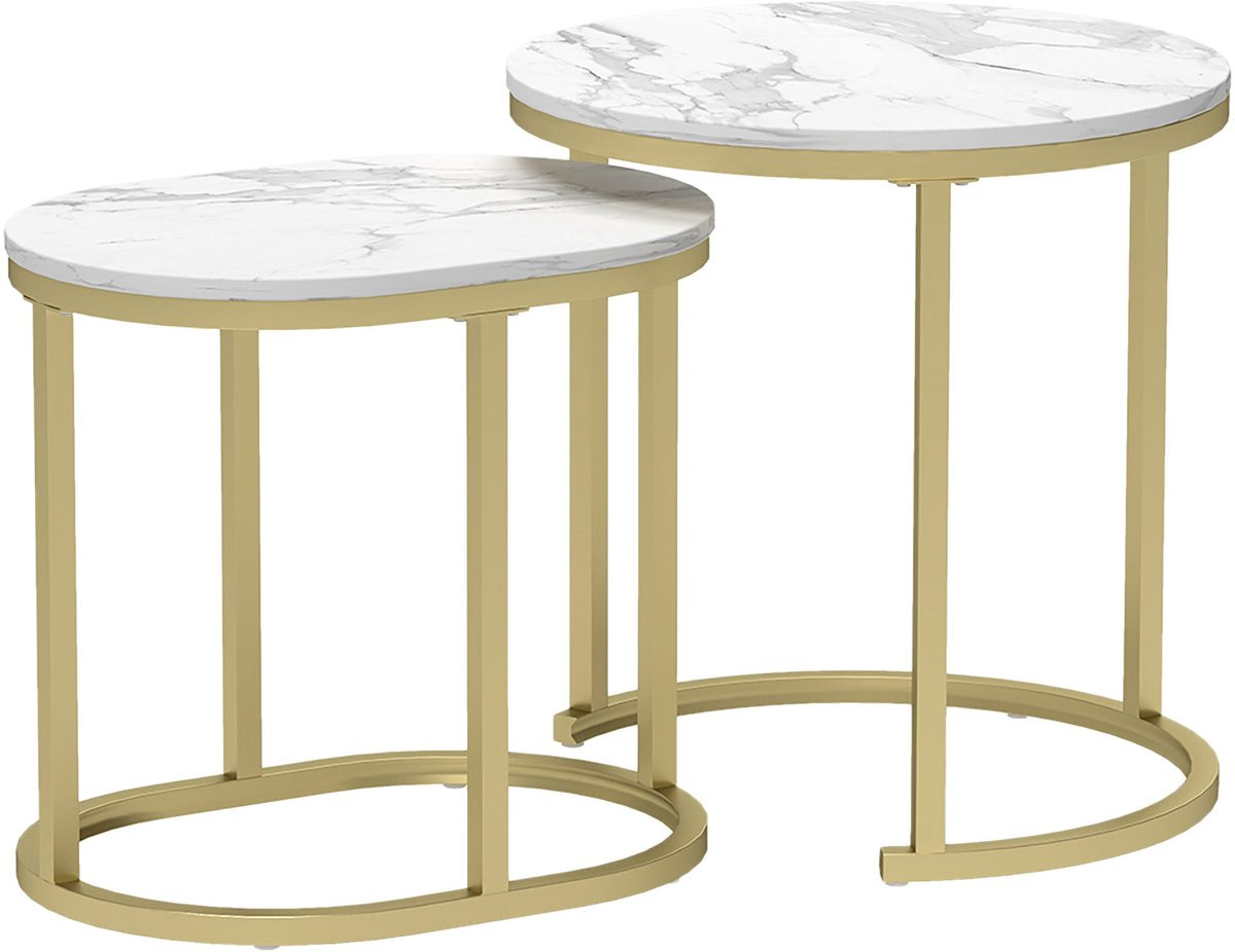Merax Salontafel Set van 2 stuks - Ronde en Ovale Bijzettafels met Staalframe - Wit
