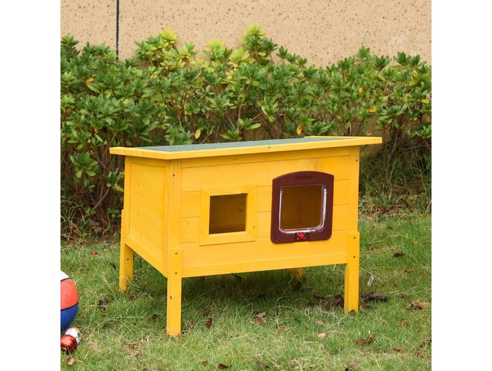 PawHut Maison Chat Bois Extérieur Toit Imperméable Jaune