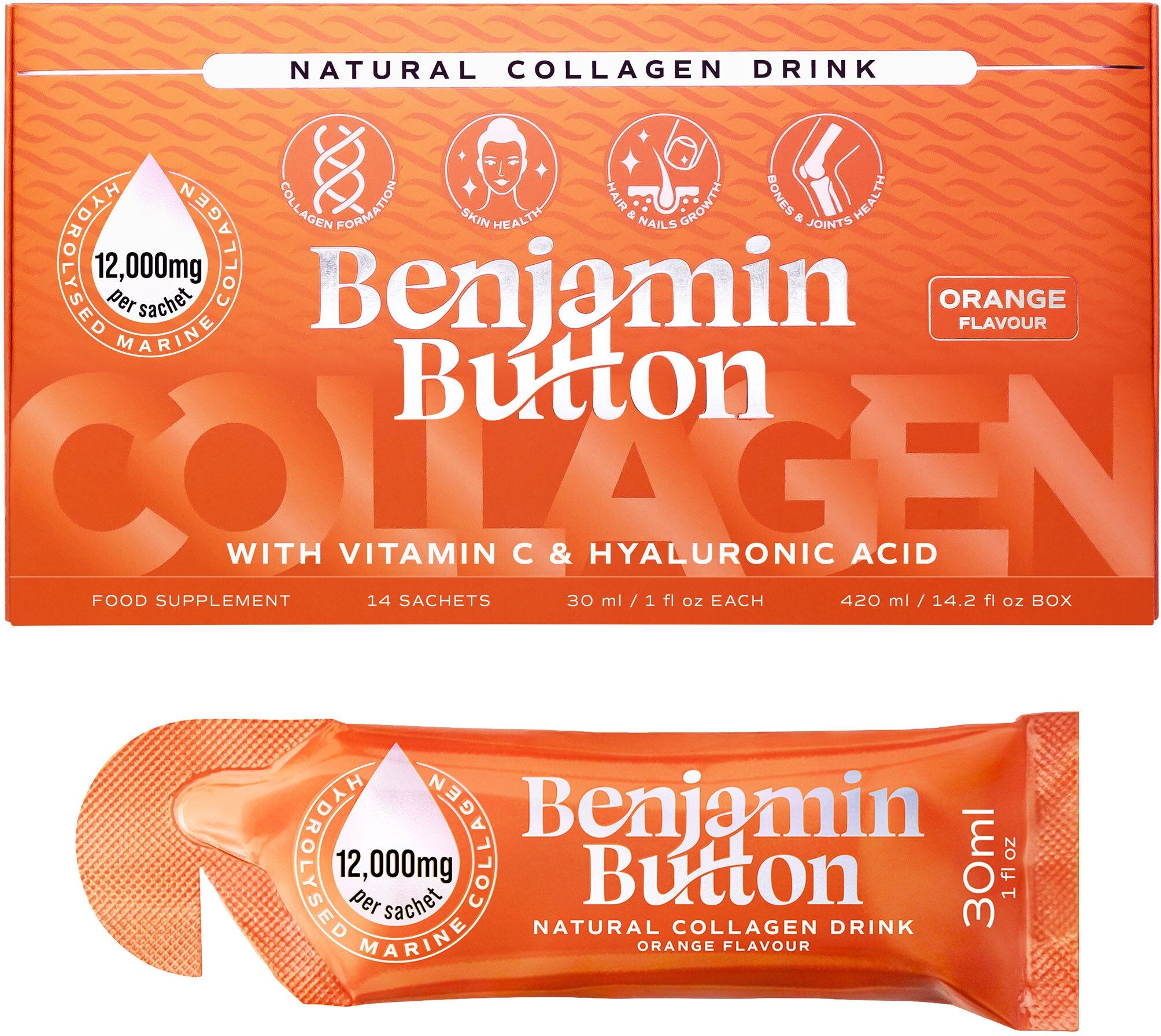 Benjamin Button 12,000mg Marine Collagen Drink - Orange Liquid Sachets