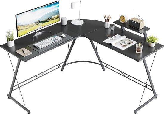 Unyqoos L-vormig hoekbureau met monitorstandaard, zwart