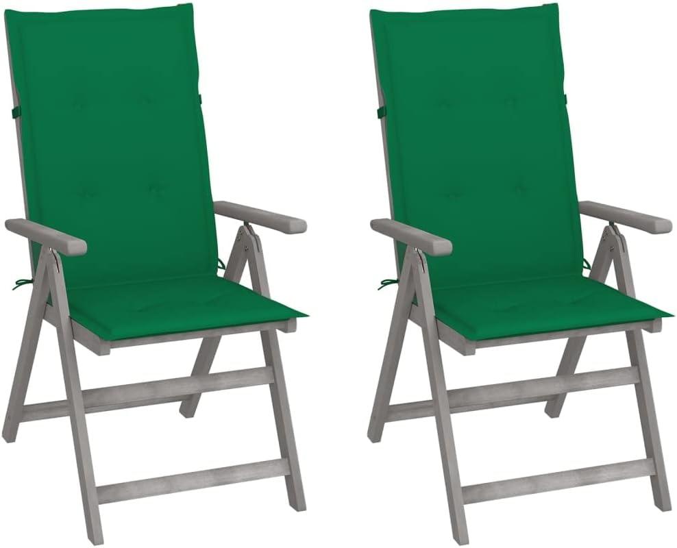2 Garten-Liegestühle aus massivem Akazienholz in Grau, verstellbar, mit grünen Kissen für Terrasse, Balkon und Essbereich