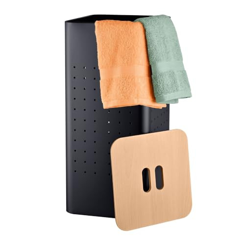 Relaxdays Wasmand met deksel van metaal, 70 liter, zwart/bruin