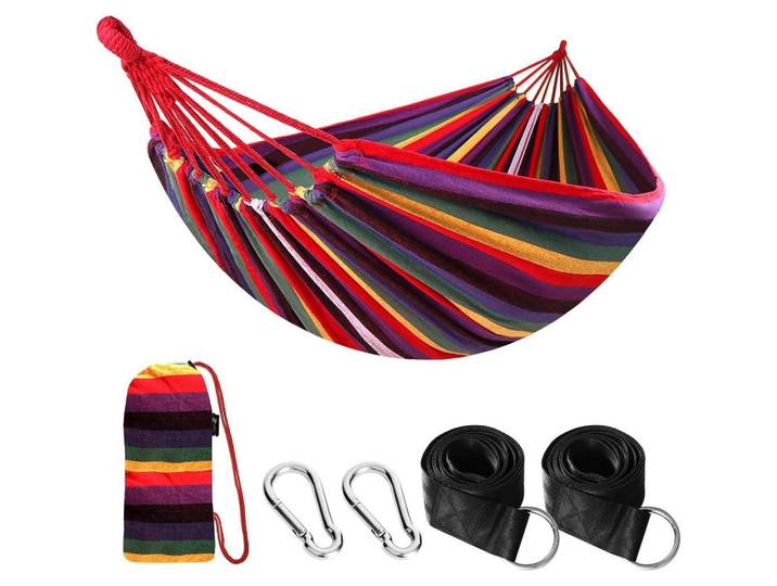 Hängematte Baumwolle Regenbogen mit Gurten und Tasche, Mehrfarbig, 150x2.5x270 cm, Gartenmöbel, Gartenschaukeln, Hängematten