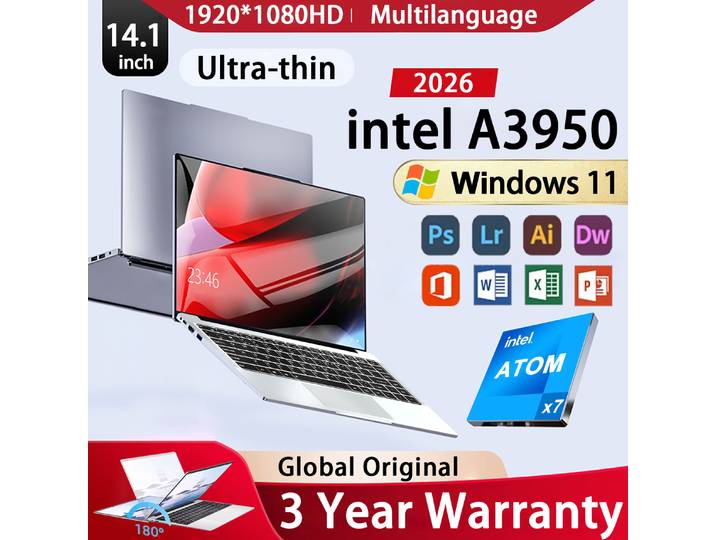 FUCHU Ordinateur portable 14,1 pouces Intel Atom A3950 Windows 11, 12 Go de RAM, 1 To/2 To SSD, ordinateur portable portable, PC de jeu, bureau, loisirs, 1920*1080 HD 4K