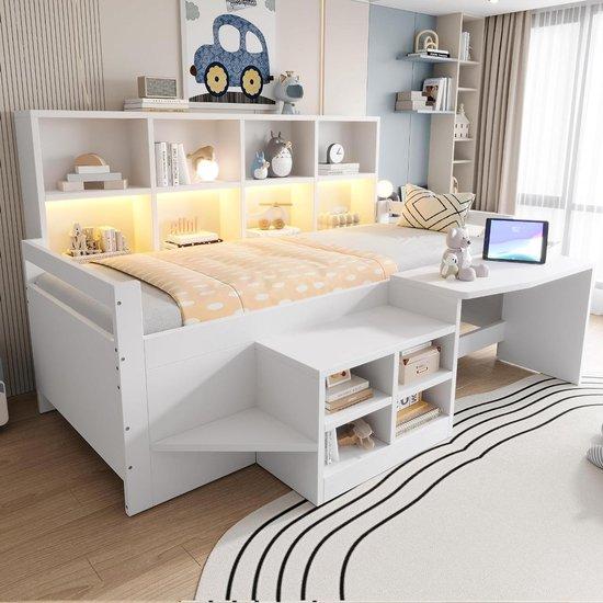 Kinderbett mit Schreibtisch - Jugendbett mit Abstellraum - Schlafen und Studieren - Integrierte USB-Anschlüsse - 90 x 200 cm - Weiß
