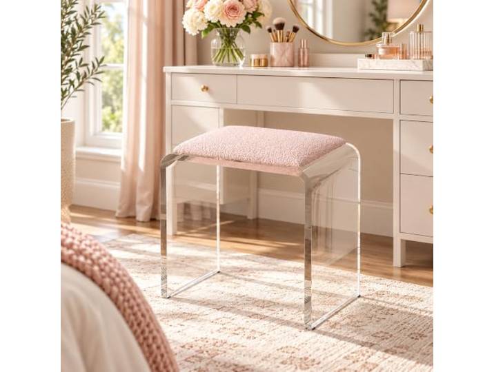 Transparenter Acryl Schminkhocker, Gepolsterter Sitz, Modernes Design Klare Acrylstruktur mit weichem Sitz für Schminktisch, Schlafzimmer, Bad und Ankleidezimmer(B)