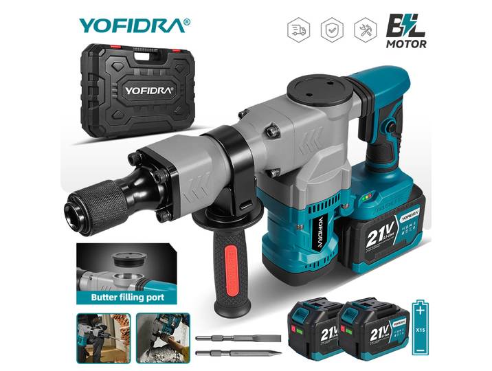 Marteau de démolition électrique sans balais YOFIDRA 6000W, perceuse à percussion, tournevis multifonction, outil de perçage pour batterie Makita 21V