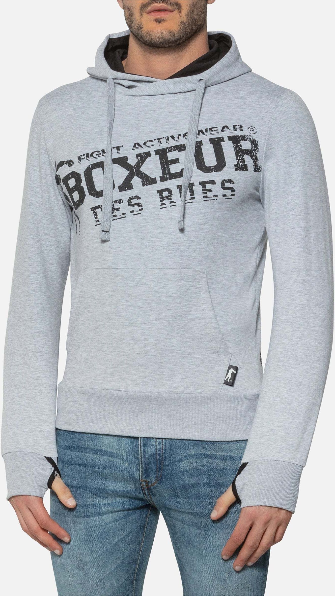 Kapuzenpullover BOXEUR DES RUES "BOXEUR DES RUES Kapuzenpullover Hooded Sweatshirt with Thumb Openings", Herren, Gr. M, grau, Obermaterial: 95% Baumwolle CO. 5% Elasthan EL., Pullover Kapuzenpullover grau M
