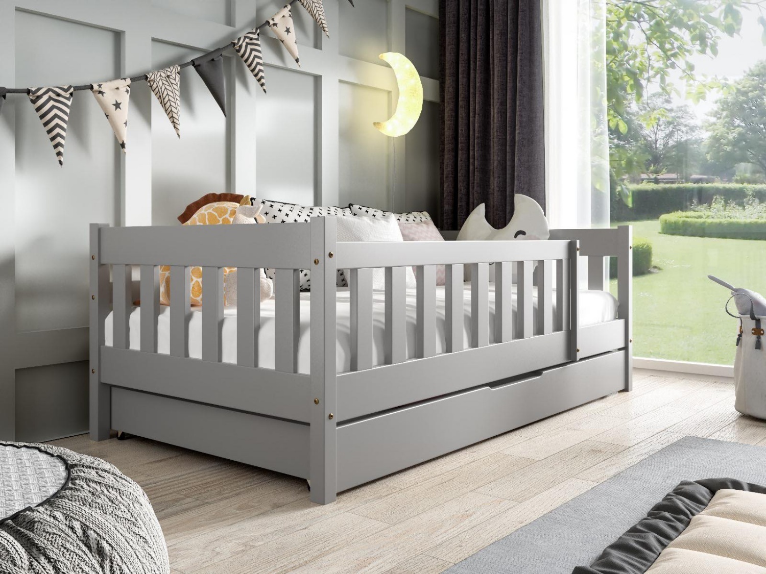 MTJMöbel Kinderbett POLA 190x80cm mit Matratze, Hausbett mit Schublade und Schutzbarriere, Grau Holz