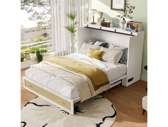 Lit escamotable convertible blanc avec tiroirs étagère USB et prise
