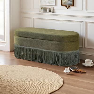 ZWYO HOSIMU "39"" Oval Upholstered Storage Ottoman with Fringe Trim, Lift-Top Lid and Hidden Storage for Living Room or Bedroom"