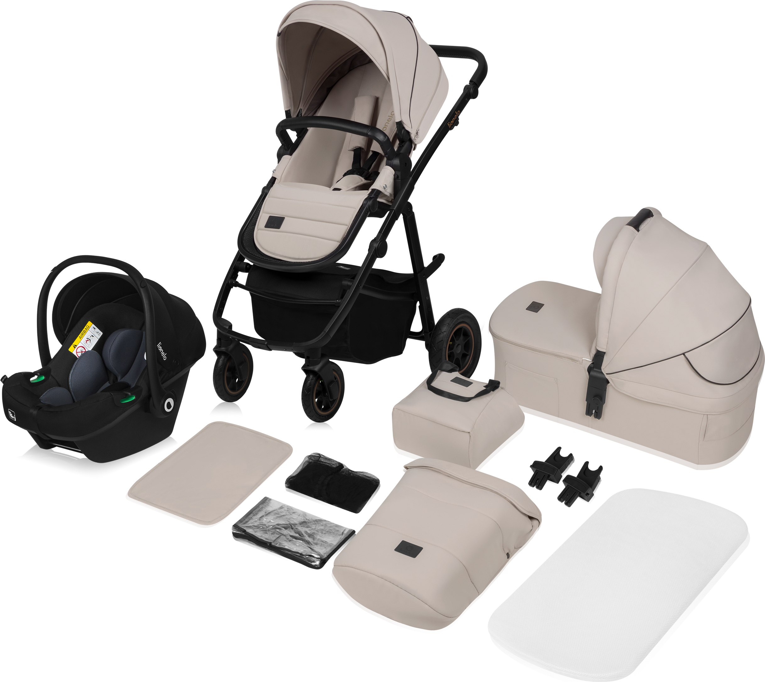 Lionelo Amber Plus - Kombikinderwagen 3 in 1 - Set sportlicher, Sitz, fester Babywanne, Autositz, Tasche, Moskitonetz, Regenschutz - Beige Sand