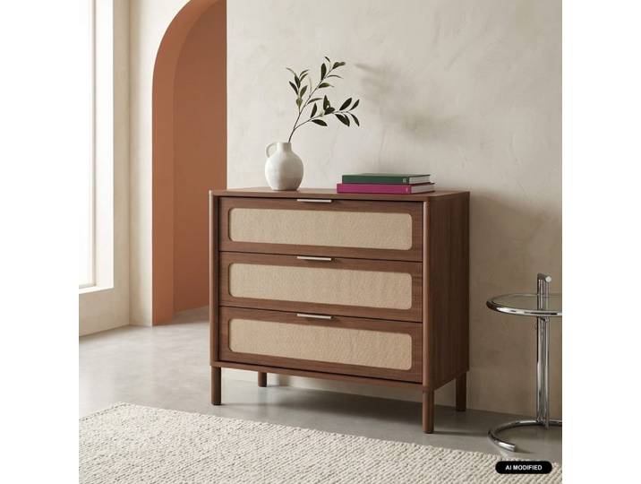 Commode vintage décor bois et cannage 3 tiroirs noyer