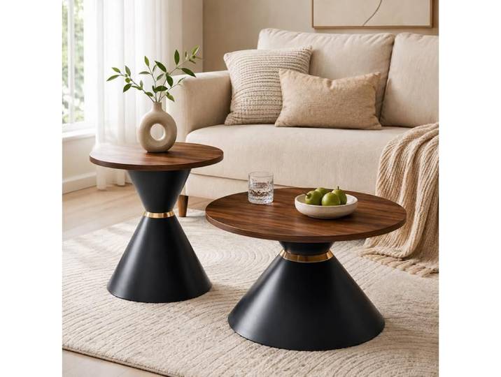 Lot de 2 tables basses rondes – effet noyer métal noir design conique
