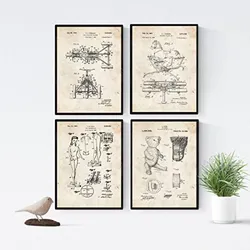 POSTER Set mit 4 Kinderspielzeug Patent Stil von Puppen und Spielen A4 Rahmenlos