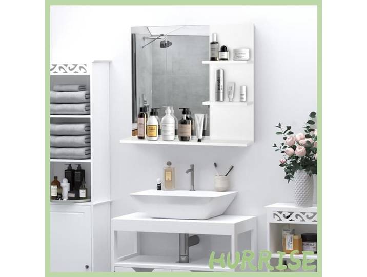 Cocosity Miroir De Salle De Bain Avec Étagères - 2 Étagères Latérales + Grande Étagère Inférieure - Kit Installation Fourni - Mdf