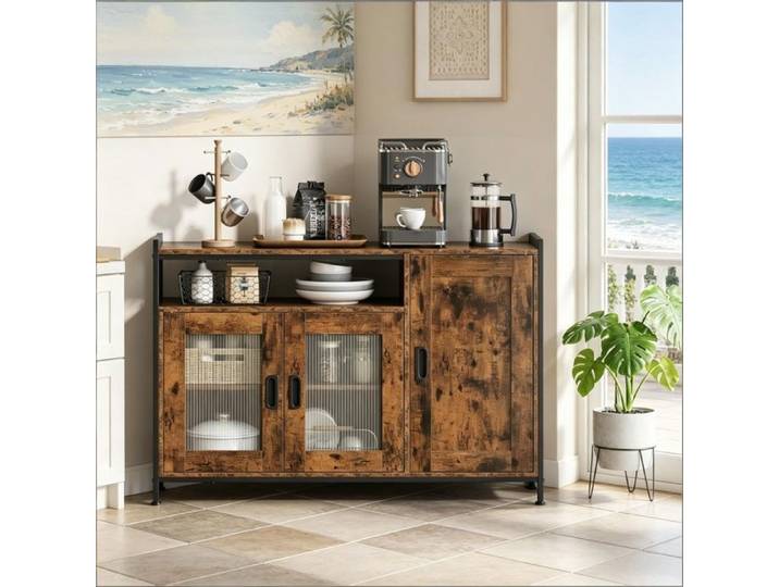 Buffet de Cuisine - 110x75x33cm - Sideboard Bas Style Industriel avec Niche Ouverte Étagères Réglables - Marron Rustique