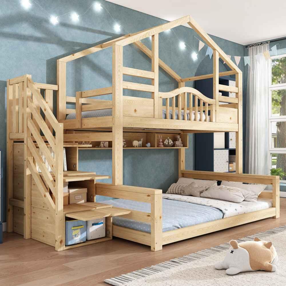 Kombiniertes Kinder-Etagenbett mit integriertem Treppenschrank und Regalen, ideal für Familien, geeignet für Eltern und Jugendliche, ohne Matratze, 90x200, 140x200.