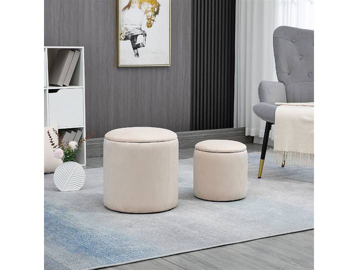 HOMCOM Lot 2 Poufs Tissu Velours Blanc Ø40cm & Ø30cm