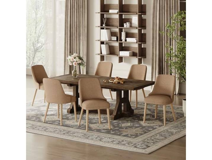 COLAMY Esszimmerstühle 6er Set, Gepolsterter Stuhl mit Holzbeinen, Hohe Rückenlehne für Esszimmer/Restaurant/Café, Kamel