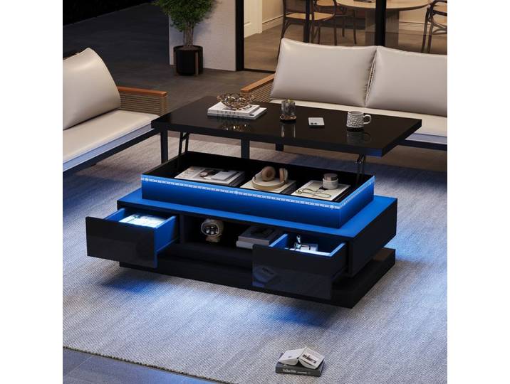 Table basse relevable - 100x50x40cm - 2 tiroirs - Éclairage LED - Noir haute brillance