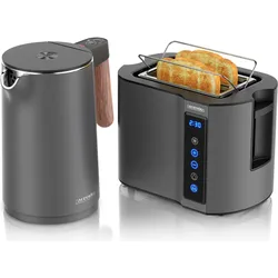Arendo Frühstücks Set Edelstahl Wasserkocher 1,5l, Cool Touch & 2-Scheiben Doppelschlitz Toaster, Grau, Wasserkocher, Grau