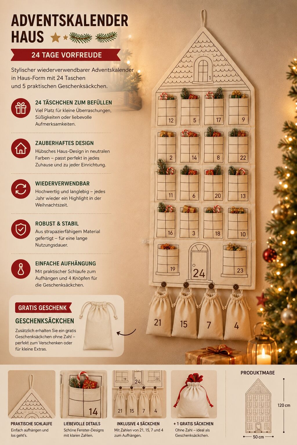 Adventskalender HOMSY BY ANA JOHNSON "Jolsy, Haus Weihnachten ca.50x120cm, für Türen, aber auch als Wanddeko", beige, B:50cm H:120cm T:1,5cm, Polyester, Adventskalender, Adventskalender, für Geschenke, Gutscheine, Süssigkeiten und andere Überraschungen be