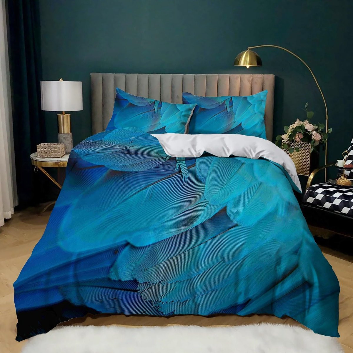 Blauwe Veer Dekbed Set van Kreukvrij Microvezel - 180x200 cm