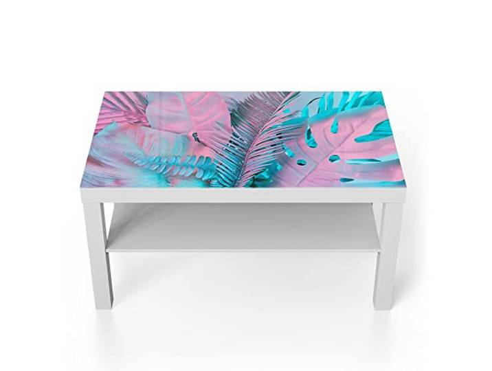 DEQORI Glastisch weiß groß 90x50 cm Motiv Tropenblätter: Farbeffekt ausgefallener Beistelltisch aus Glas Hochglanz Couchtisch fürs Wohnzimmer moderner Couch Tisch mit Design