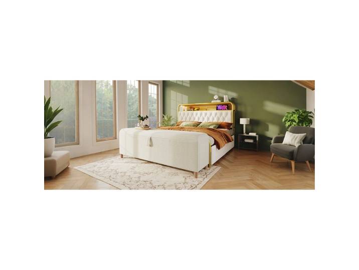 WOVREO Banquette de lit 175 cm avec coffre de rangement hydraulique velours côtelé beige