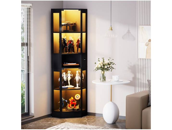 Vitrine en verre 5 niveaux 57 x 40 x 165 cm avec LED tricolore detecteur de mouvement et portes vitrees noir