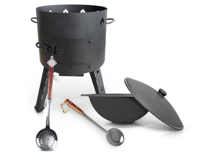 Utschak Feuerofen mit Gusseisen Topf flacher Boden mit Deckel 16 L Ø 44 cm Kazan Schaumlöffel für Plov 64 cm, Schaumlöffel für Plov 48 cm Учаг Uchag казан Kasan Oven (Set 3)