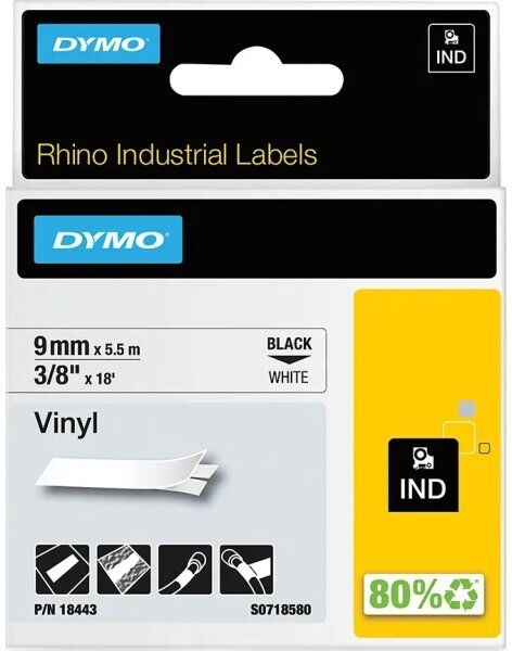 Dymo Rhino Vinyltape 9mm, Sort På Hvid