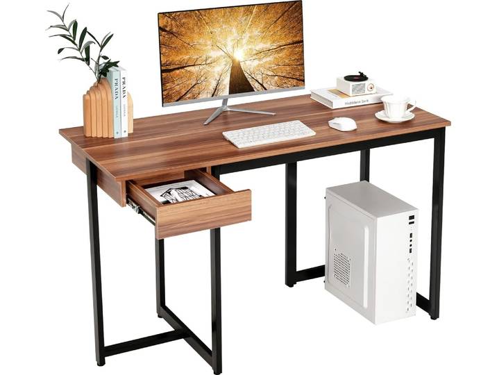 COSTWAY Schreibtisch mit Schublade, Computertisch 120x55x75cm klein, Officetisch Bürotisch PC-Tisch Arbeitstisch Metallgestell Walnuss