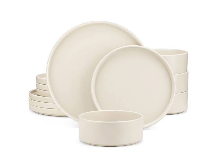 VANCASSO VENUS Série 12/24/36 pièces, service de table en grès blanc crème avec assiettes à dîner/dessert et bols pour 4/8/12 personnes