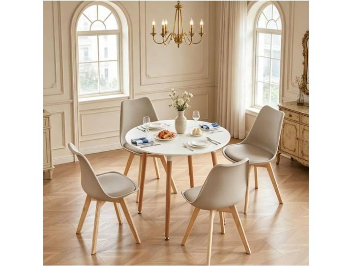 ROVRYN Ensemble table ronde 80 cm et 4 chaises blanc beige et bois clair