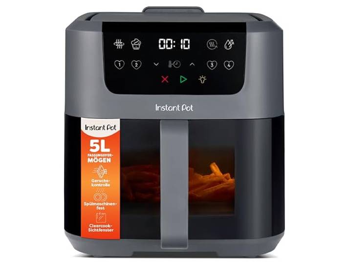 Instant Pot Vortex Airfryer, 5 l Compact Heißluftfritteuse, Truffle Grau Familiengröße, Heißluftfritteuse mit Dörrfunktion, Backfunktion, Aufwärmfunktion, Antihaftbeschichtung, spülmaschinenfest