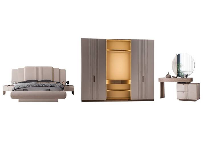 Villa Möbel Schlafzimmer-Set Santo, (Schlafzimmer-Set, 5-tlg., Bett mit Kopfteil, 2 Nachttische, Kleiderschrank und Kommode), Schlafzimmer Set Stauraumbett Beleuchtung viel Stauraum