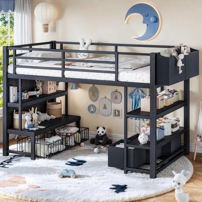toswini Twin Metal Low Loft Bed with Storage Drawer, Bookshelf and Hanging Storage Bag