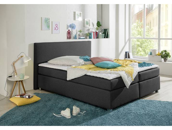 Boxspringbett, Strukturstoff, Grau, 180×220 cm, Inkl. Topper, Modern, Inosign