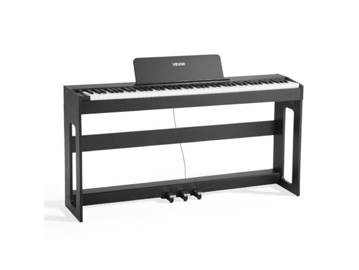 VEVOR Piano Numérique 88 Touches Lestées\, Mode Double Clavier Haut-parleurs\, avec Pupitre à Partitions\, Support\, Pédale Sustain\, Adaptateur CC\, 280 Sonorités\, Connexion Sans Fil\, pour Débutants\, Noir