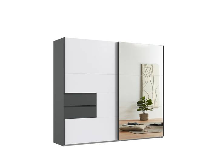 Schwebetürenschrank Kleiderschrank 250 cm Schubladen Grafit, Front Weiß Spiegel / 22050
