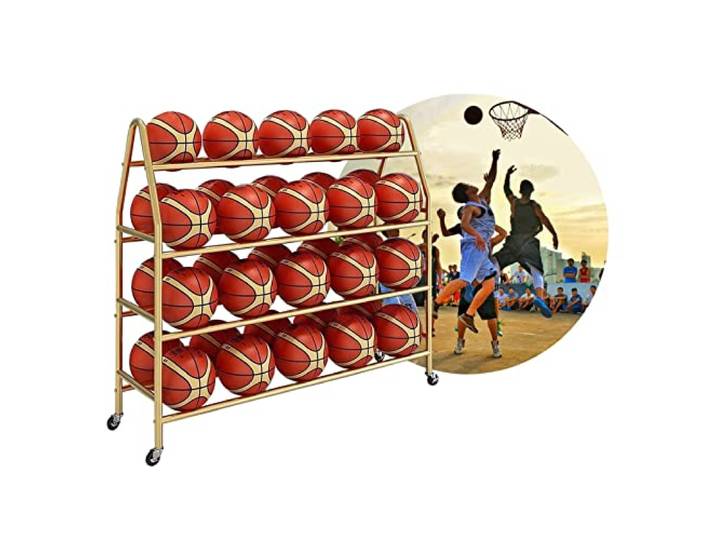 Basketball-Aufbewahrung 4-stöckiges Metallregal Ballhalter Mit Rollen Fußball Ballregal Ballwagen Platzsparend Für Sporthallen Schulen Und Sportsclubs(Gold,97CM)