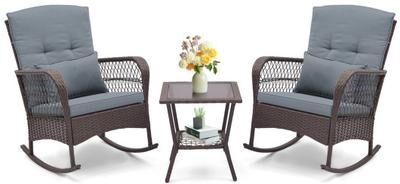 Costway 3 Pieces Rocking Bistro Set with 2-Tier Coffee Table-Gray