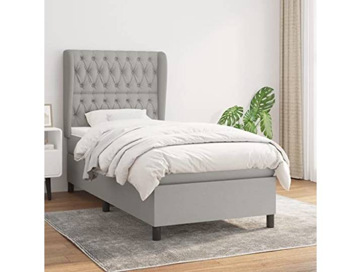 Lattenrost mit Taschenfederkernmatratzen, 90 x 190 cm, Hellgrau Atmungsaktiver Stoff, langlebig, Kopfteil verstellbar, mittlere Unterstützung, weicher Matratzenschoner