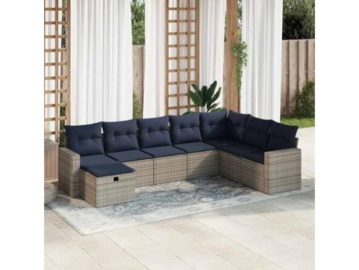 KTHLBRH Gartenmöbel-Set 8-teilig mit grauen Kissen aus Polyrattan Eckhocker mit Sitzsack, pulverbeschichteter Stahl, wasserdichte Hülle, waschbar